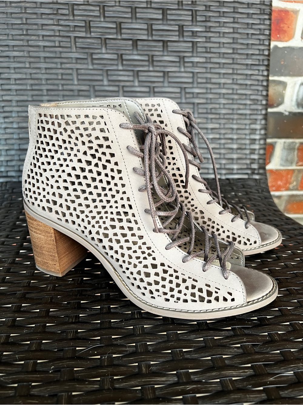 Vince Camuto Laser-Cut Lace-Up Peep-Toe Ankle Boots - Light Gray